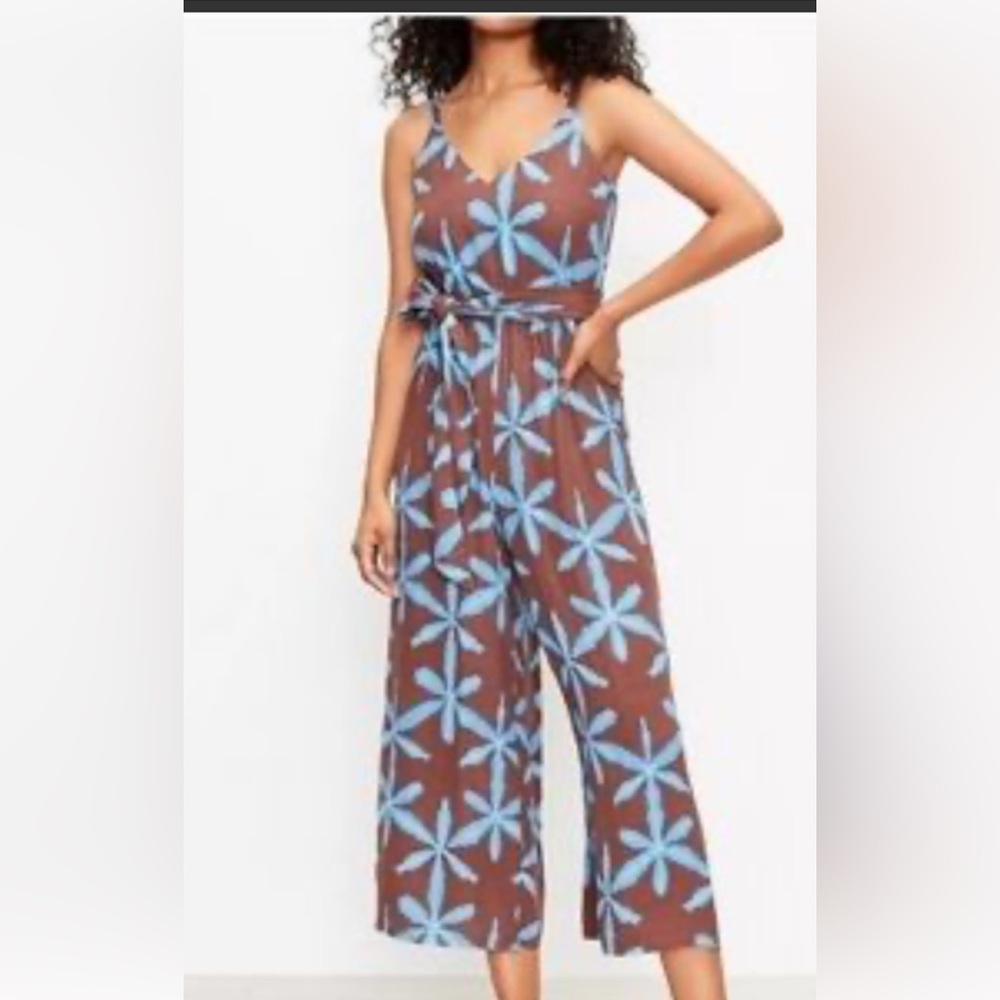 LOFT Star Tie Dye Wrap Cami Jumpsuit Blue & Brown Bow Sz M Boho‎ Beach